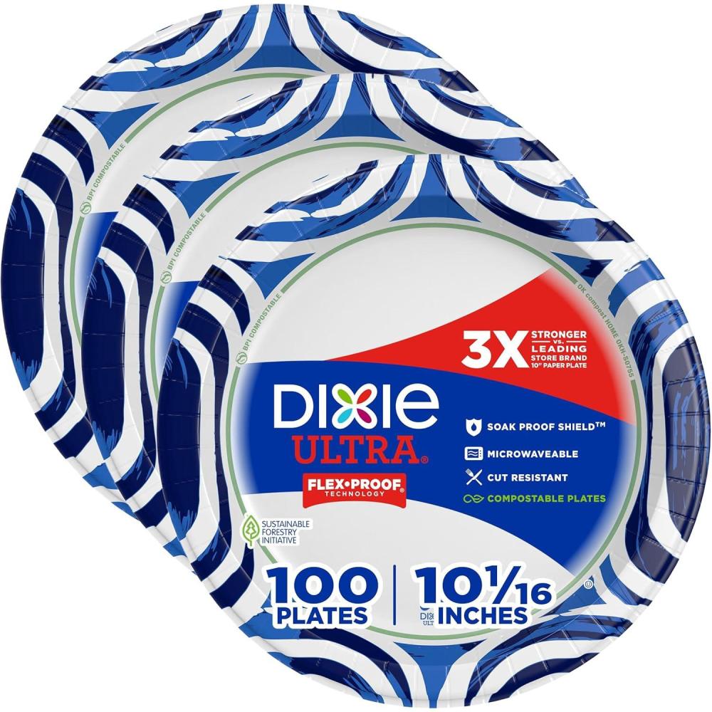 image:imageDixie Ultra Large Paper Plates 10 Inch 43 Count Pack of 4 3X Stronger Heavy Duty MicrowaveSafe SoakProof Cut Resistant Disposable Plates for Heavy Messy Meals100 Count Pack of 3