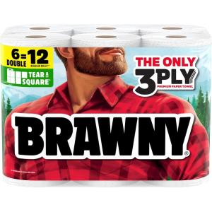 Brawny Tear-A-Square 3-Ply Paper Towels, 12 XL Family Rolls = 30 Regular Rolls, Strong, Absorbent, and Durable with 3 Sheet Sizes (Quarter, Half, Full)(100 Sheets (Pack of 6 New))