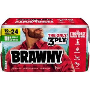 Brawny Tear-A-Square 3-Ply Paper Towels, 12 XL Family Rolls = 30 Regular Rolls, Strong, Absorbent, and Durable with 3 Sheet Sizes (Quarter, Half, Full)(12 Double Rolls)