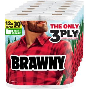Brawny Tear-A-Square 3-Ply Paper Towels, 12 XL Family Rolls = 30 Regular Rolls, Strong, Absorbent, and Durable with 3 Sheet Sizes (Quarter, Half, Full)(12 XL Family Rolls)
