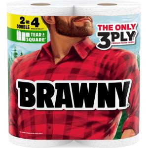Brawny Tear-A-Square 3-Ply Paper Towels, 12 XL Family Rolls = 30 Regular Rolls, Strong, Absorbent, and Durable with 3 Sheet Sizes (Quarter, Half, Full)(2 Double Rolls)