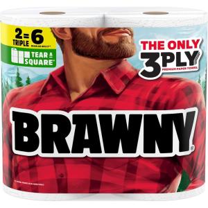 Brawny Tear-A-Square 3-Ply Paper Towels, 12 XL Family Rolls = 30 Regular Rolls, Strong, Absorbent, and Durable with 3 Sheet Sizes (Quarter, Half, Full)(2 Triple Rolls)