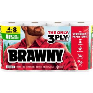 Brawny Tear-A-Square 3-Ply Paper Towels, 12 XL Family Rolls = 30 Regular Rolls, Strong, Absorbent, and Durable with 3 Sheet Sizes (Quarter, Half, Full)(4 Double Rolls)