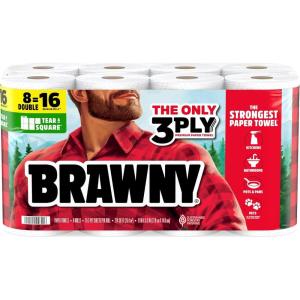 Brawny Tear-A-Square 3-Ply Paper Towels, 12 XL Family Rolls = 30 Regular Rolls, Strong, Absorbent, and Durable with 3 Sheet Sizes (Quarter, Half, Full)(8 Double Rolls)