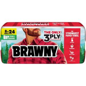 Brawny Tear-A-Square 3-Ply Paper Towels, 12 XL Family Rolls = 30 Regular Rolls, Strong, Absorbent, and Durable with 3 Sheet Sizes (Quarter, Half, Full)(8 Triple Rolls)