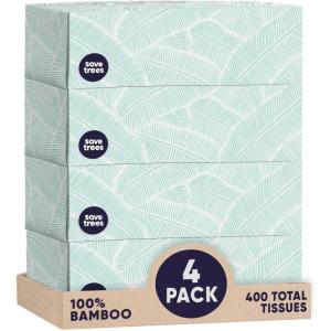 Save Trees Bamboo Facial Tissues – 4 Boxes of Eco-Friendly, 3-Ply Hypoallergenic Tissues, 90 Sheets per Box, FSC Certified, Plastic-Free Packaging, Soft & Gentle for Home Use